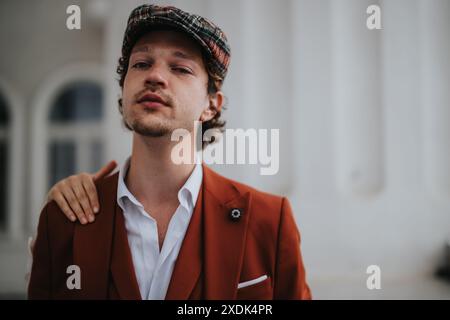 Ritratto di un giovane depresso con un elegante abito rosso e un berretto a quadri, con la mano di un amico appoggiata sulla spalla in un ambiente all'aperto. Foto Stock