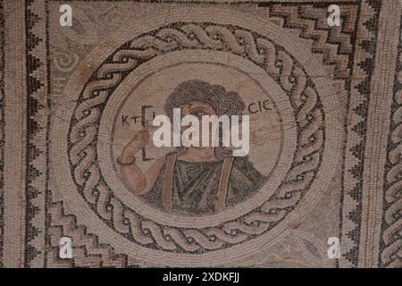 Casa di Eustolios, antica Kourion (greco antico: Koύριov; latino: Curium) Cipro, mosaico nella lunga sala rettangolare centrale Foto Stock