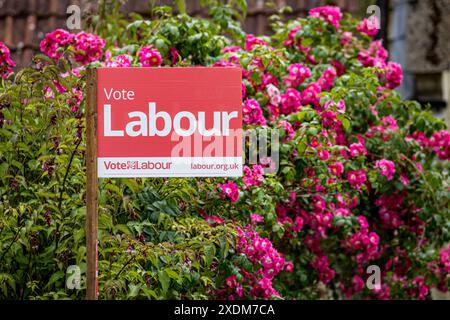 WARMINSTER, WILTSHIRE, Regno Unito, 23 giugno 2024, firma la pubblicità del partito politico laburista. Segno del Partito Laburista rosso che dice "Vota laburista", su un palo di legno di fronte a un cespuglio di graziose rose rosse. Pubblicità politica in vista delle elezioni generali. Accreditamento John Rose/Alamy Live News Foto Stock