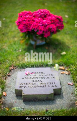 Tomba di soldati in un cimitero militare tedesco in Normandia, Francia, adornata con un mazzo di fiori rossi. Un solenne ricordo della storia. Foto Stock