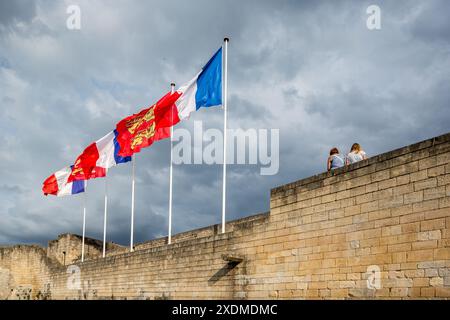 Vista panoramica delle bandiere che sventolano e delle persone sedute in cima all'antica parete del castello di Caen in Normandia, Francia. Le nuvole riempiono il cielo, creando un imponente atmo Foto Stock