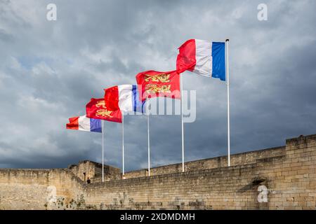 Bandiere di Normandia e Francia che volano in cima allo storico Castello di Caen in Normandia, con cieli nuvolosi sullo sfondo. Foto Stock