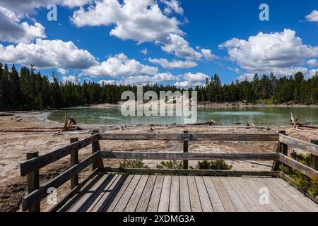 La passeggiata sul lago Sour sul sentiero del vulcano fango . Parco nazionale di Yellowstone, Wyoming, Stati Uniti Foto Stock