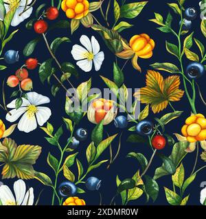Acquerello senza cuciture con mirtillo rosso, mirtillo e mirtillo disegnati a mano con frutti di bosco, foglie, rami di fiori. Illustrazione dei frutti di bosco su Foto Stock