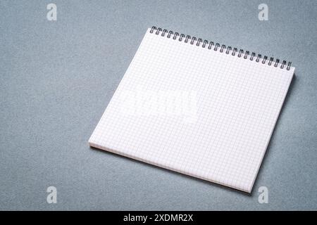 quaderno a spirale vuoto con carta a griglia su carta grigia testurizzata Foto Stock