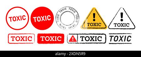 etichetta con timbro tossico, adesivo e cartello per marcatura avvertenza pericolo pericolo sostanze chimiche tossiche Illustrazione Vettoriale