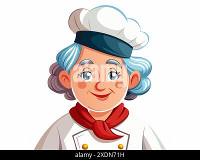 Chef donna anziana con cappello bianco e uniforme da chef, isolata su sfondo bianco. Una donna sorridente cuoca. Concetto di cucina, cucina e cucina Illustrazione Vettoriale