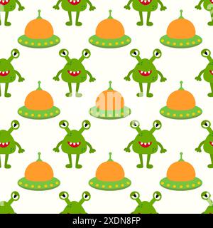 Astronave aliena, astronavi spaziali e UFO e simpatici alieni verdi o mostri senza cuciture. Design per bambini. Nave cosmica per bambini. Illustrazione piatta vettoriale. Illustrazione Vettoriale