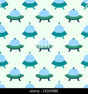 Astronave aliena, astronavi spaziali e UFO Seamless Pattern. Nave cosmica in forma di piattino per il trasporto. Design per bambini. Cartone animato vettoriale piatto Illustrazione Vettoriale