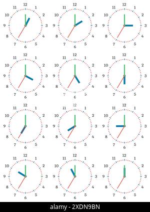 Una serie di orologi meccanici con un'immagine di ciascuna delle dodici ore. Quadrante dell'orologio su sfondo bianco. Illustrazione Vettoriale