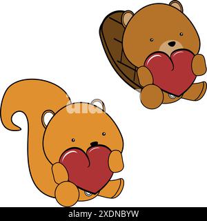 carino pacchetto cartoni animati chibi baby animals con cuore rosso in formato vettoriale Illustrazione Vettoriale