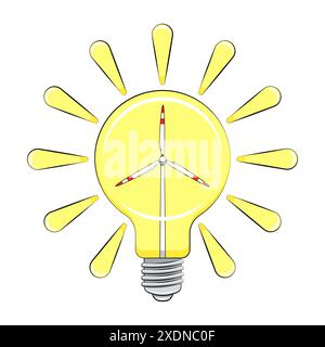 Сolor illustrazione con lampadine, turbina eolica, raggi, energia verde, energia solare. Oggetto vettoriale isolato su sfondo bianco. Illustrazione Vettoriale
