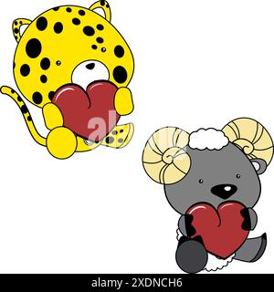 carino pacchetto cartoni animati chibi baby animals con cuore rosso in formato vettoriale Illustrazione Vettoriale