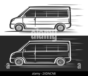 Logo vettoriale per minibus, striscioni orizzontali per automobili con contorno semplice illustrazione di clip art linea minibus monocromatico in runn mobile decorativo Illustrazione Vettoriale