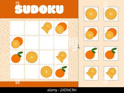 Sudoku con foto di arance. Puzzle di logica per bambini Illustrazione Vettoriale