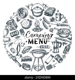 Menu picnic per campeggio e cucina all'aperto. Illustrazione grafica vettoriale disegnata a mano del cibo del campo isolato su sfondo bianco. Pasto alla griglia Illustrazione Vettoriale