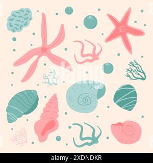 Allegre illustrazioni di stelle marine, conchiglie, coralli e piante acquatiche in tonalità tenui, diversità e bellezza del mare. Set di illustratori disegnati a mano vettoriali Illustrazione Vettoriale