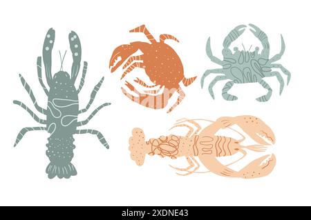 Crostacei isolati su sfondo bianco. Animali marini e vita subacquea. Set di aragoste, granchi e gamberi stilizzati. Vettoriale disegnato a mano col. Piatto Illustrazione Vettoriale