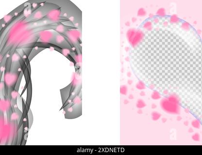 Modello di storia Heart Trail con posto fotografico. Petali di rosa con cuore isolato su sfondo rosa. Illustrazione Vettoriale