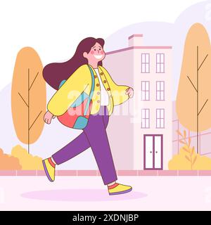 Illustrazione di design piatto del personaggio di cute Beautiful Girl Back to School with Smiling Expression Illustrazione Vettoriale