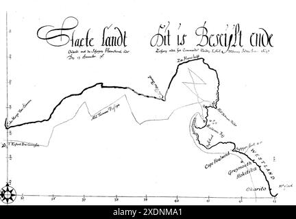 Mappa che mostra il viaggio di Abel Tasman, 1642, lungo la costa della nuova Zelanda, con località moderne per Greymouth, Hokitika e Okarito Foto Stock