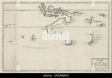 Mappa che mostra il viaggio di Abel Tasman, 1642, in Australia, nuova Zelanda, nuova Guinea e Indie Orientali Foto Stock