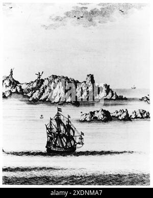 Incisione di Abel Tasman vicino alle Isole Three Kings in nuova Zelanda nel 1642. La didascalia originale, tradotta in Engalish, recita: States Land Berzylt e scoperta con le navi/Heemskerk e i marinai sotto il comando di Abel Tasman nel 1642. Foto Stock