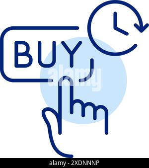 Fare clic con il dito sul pulsante di acquisto e sul simbolo dell'orologio. Offerta limitata nel tempo, sconti last minute per lo shopping online. Pixel Perfect, icona traccia modificabile Illustrazione Vettoriale