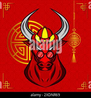 Bue selvatico toro di mucca di bufalo simbolo zodiaco cinese, mascotte con logo sul nuovo anno lunare Illustrazione Vettoriale