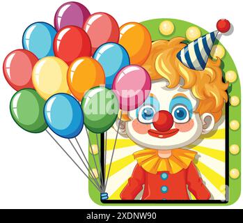 Allegro clown con palloncini colorati e sorridente Illustrazione Vettoriale