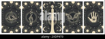 Set di magiche illustrazioni celesti, dea con simboli del sole e della luna, occhio onnicomprensivo, lettura delle palme, sfondo vintage per strega, astrologia, esoto Illustrazione Vettoriale