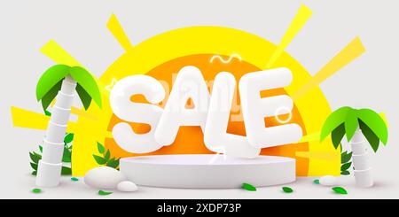 Saldi estivi. Sconto sulla composizione estiva. Presentazione del prodotto, mock-up, podio. Banner e poster di vendita. Illustrazione vettoriale. Illustrazione Vettoriale