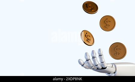 animazione 3d della mano robotica e una moneta d'oro fluttuante con il simbolo del dollaro sullo sfondo nero Foto Stock