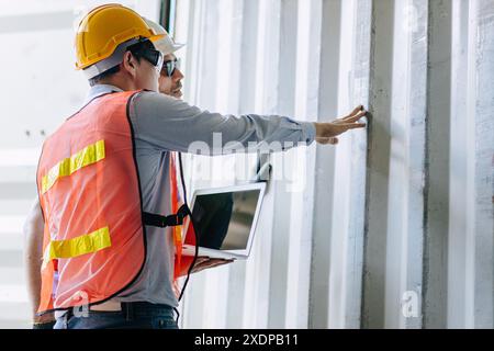 Il team di ingegneri dell'autorità portuale controlla le condizioni dell'armadietto del contenitore di carico per la sicurezza in conformità alla regola e agli standard intermodali. Foto Stock