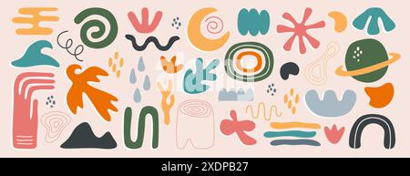 Set vettoriale di forme geometriche astratte, linee e forme naturali. Collezione di semplici figure di base disegnate a mano, elementi di design organici matisse. Icone a mano libera per bambini, oggetti a forma libera per scarabocchi Illustrazione Vettoriale