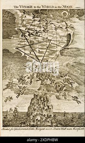 Il frontespizio di The Voyage to the World in the Moon da The Strange Voyage and Adventures of Domingo Gonsales, to the World in the Moon di Francis Godwin (1562-1633). Pubblicato per la prima volta nel 1638 con il titolo "The Man in the Moone" sotto lo pseudonimo di Domingo Gonsales. L'incisione mostra Gonsales che si allontana dall'isola di Sant'Elena; la sua macchina volante alimentata dai cigni e circondata dalle apparizioni e dai diavoli che ha incontrato durante il suo viaggio verso la luna. Fotografia tratta da una seconda edizione del 1768 pubblicata da John Lever, Londra. Foto Stock