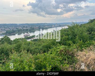 Vista panoramica del traghetto sul fiume Ohio dall'Eden Park Overlook di Cincinnati Foto Stock