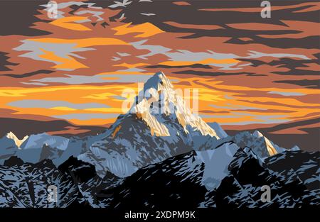 Monte ama Dablam con un bellissimo cielo al tramonto sulla strada per il campo base dell'Everest, illustrazione vettoriale, valle di Khumbu, parco nazionale di Sagarmatha, Everest Illustrazione Vettoriale