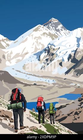 Monte Everest dal lato Nepal visto dal monte Kala Patthar con tre escursionisti, illustrazione vettoriale, monte Everest 8.848 m, valle Khumbu, Nepal Himalay Illustrazione Vettoriale