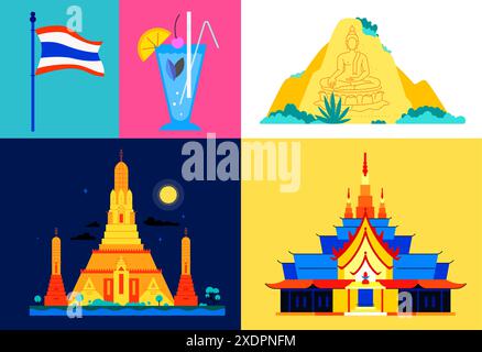 Landmarks of Thailand - serie di illustrazioni colorate in stile piatto Illustrazione Vettoriale