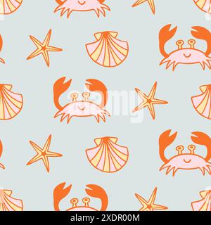 Carini granchi e Sea Shells Doodle Seamless Pattern Illustrazione Vettoriale