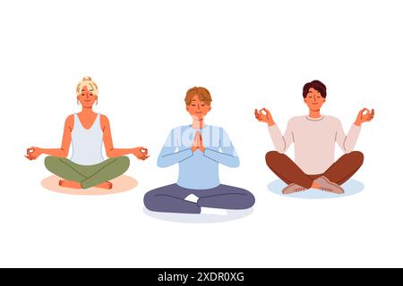 Le persone meditano sedute in posizione di loto, visitando lo studio di yoga e imparando le pratiche buddiste Illustrazione Vettoriale