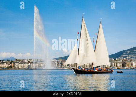 Geografia / viaggi, Svizzera, il Jet d'eau, punto di riferimento del bacino del lago di Ginevra, USO NON ESCLUSIVO PER BIGLIETTI-AUGURI-BIGLIETTI-CARTOLINE-CARTOLINE Foto Stock