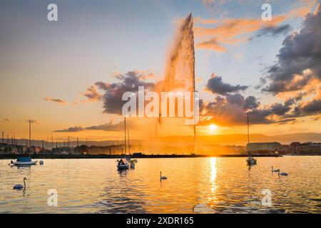 Geografia / viaggi, Svizzera, il Jet d'eau, in controluce al tramonto, NON-USO ESCLUSIVO PER-BIGLIETTI-AUGURI-BIGLIETTI-CARTOLINE-CARTOLINE-USO-CARTOLINE-BIGLIETTI-BIGLIETTI-BIGLIETTI-BIGLIETTI-BIGLIETTI Foto Stock