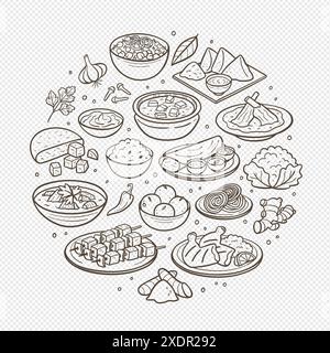 Piatti tipici indiani disegnati a mano e gli ingredienti più utilizzati nella cucina indiana. Elementi isolati. Illustrazione vettoriale. Illustrazione Vettoriale