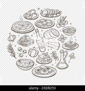 Piatti tipici italiani preparati a mano e gli ingredienti più utilizzati nella cucina italiana. Elementi isolati. Illustrazione vettoriale. Illustrazione Vettoriale