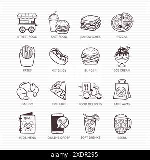 Set di icone del ristorante. Icone disegnate a mano per i ristoranti: Hamburger, panini, pizze, gelati e molto altro. Set 3 di 4. 16 set di icone vettoriali. Illustrazione Vettoriale