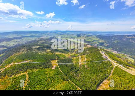 Vista aerea dello Sky Bridge 721, la passerella sospesa più lunga del mondo, che si estende su una montagna boscosa in Cechia. La torre panoramica Sky Walk si erge nelle vicinanze e offre vedute panoramiche Foto Stock