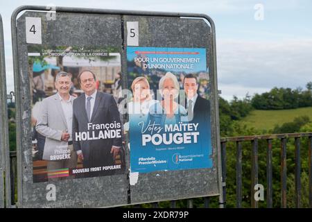 Corrèze, Francia. 23 e 24 giugno 2024. Francois Hollande candidato alle elezioni legislative del 30 giugno e del 7 luglio 2024 a Corrèze. Manifesto elettorale dell'ex presidente della Repubblica francese Francois Hollande candidato per essere deputato del primo collegio elettorale del dipartimento di Corrèze. Fa parte della coalizione elettorale "nuovo fronte popolare”. Elezioni legislative anticipate a seguito dello scioglimento dell'Assemblea nazionale il 9 giugno 2024 da parte di Emmanuel Macron. Corrèze, Limousin, Francia, Europa. Crediti: Foto di HM Images/Alamy Live News. Foto Stock