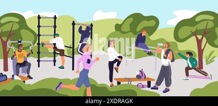 Allenamento di gruppo all'aperto. Allenamento in strada. Gli atleti fanno esercizi. Parcheggiare i tornelli. Attrezzature fitness. Donna che corre. Uomo che solleva pesi. Sano Illustrazione Vettoriale